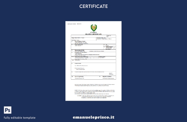 certificato di morte dello stato di stato di Cipro in stile verificato Modello W